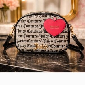Juicy Couture Cream & Black Monogram Crossbody with Pink Heart Charm